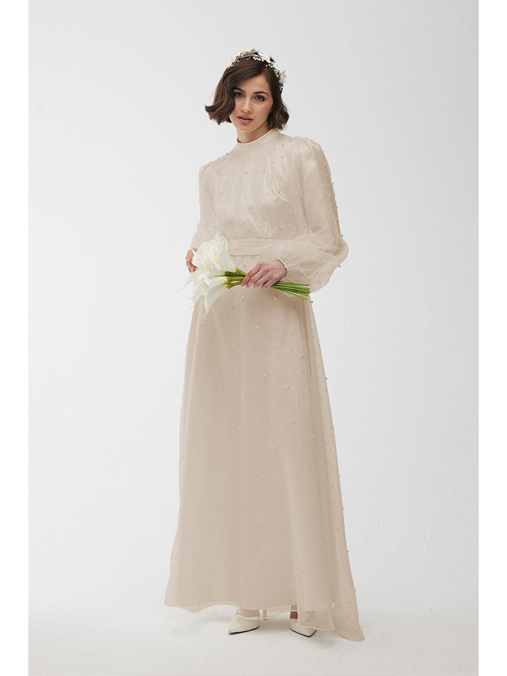 Tül Ve İnci Detaylı Abiye Elbise Bej-1