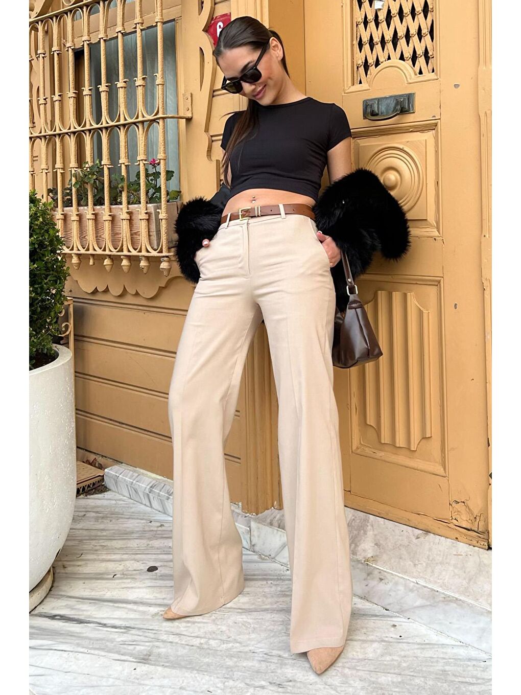 Bej Taş Rengi Yüksek Bel Kumaş Pantolon Mg2285-1