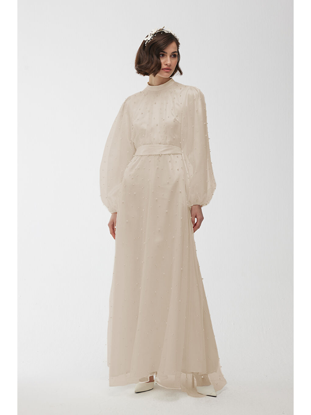 Tül Ve İnci Detaylı Abiye Elbise Bej-2