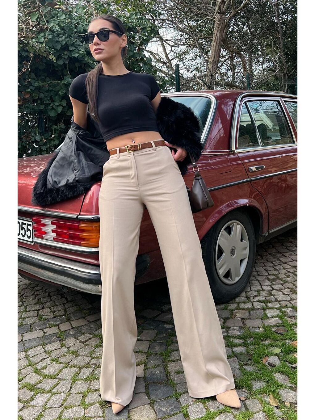 Bej Taş Rengi Yüksek Bel Kumaş Pantolon Mg2285-2