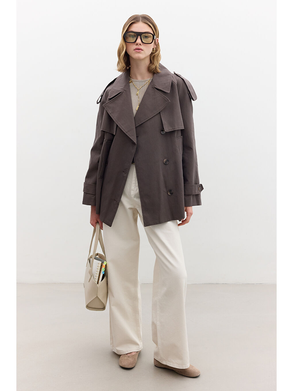 Bej Kruvaze Kesim Kısa Trençkot Vizon-3