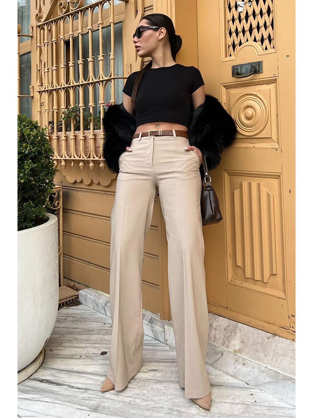 Bej Taş Rengi Yüksek Bel Kumaş Pantolon Mg2285-3