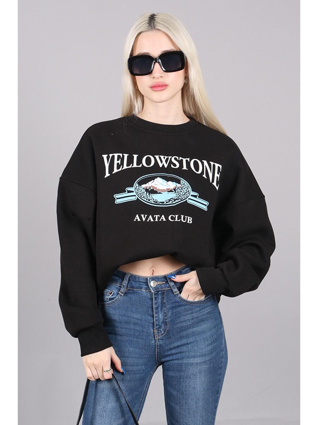 Siyah Bisiklet Yaka Baskılı Sweatshirt MG1571-1