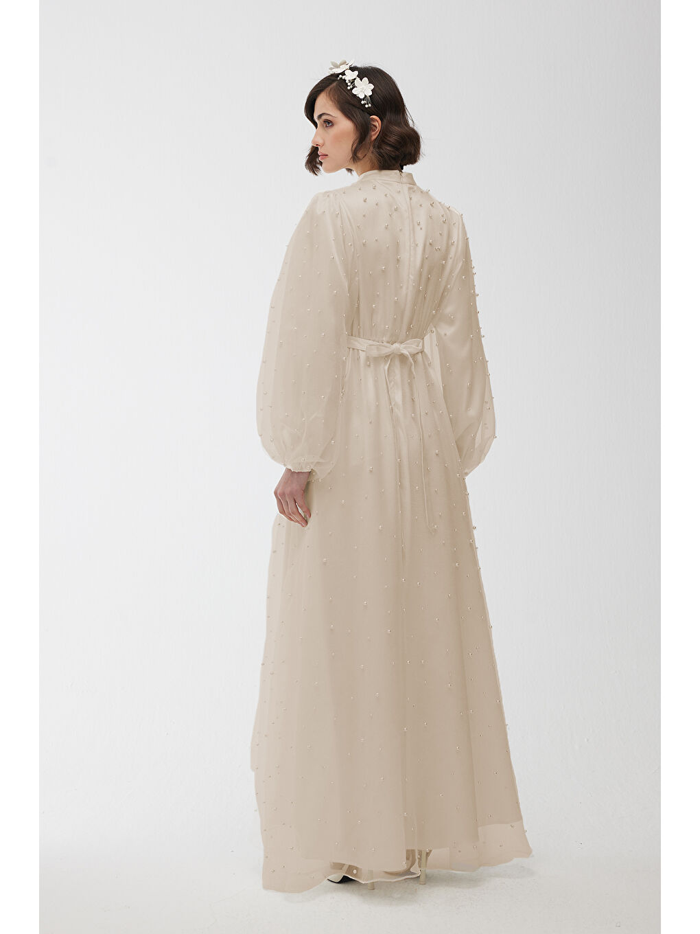 Tül Ve İnci Detaylı Abiye Elbise Bej-3