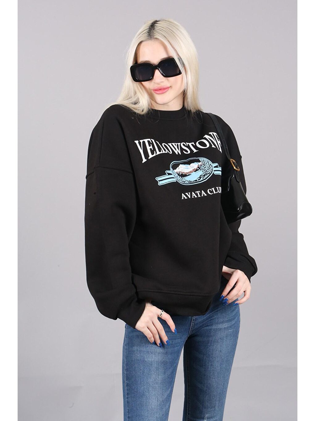Siyah Bisiklet Yaka Baskılı Sweatshirt MG1571-2