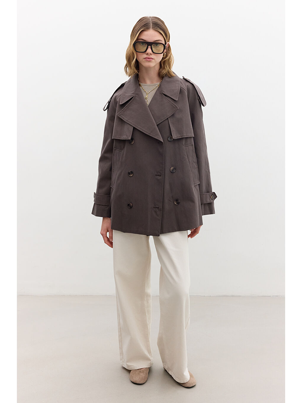 Bej Kruvaze Kesim Kısa Trençkot Vizon-5