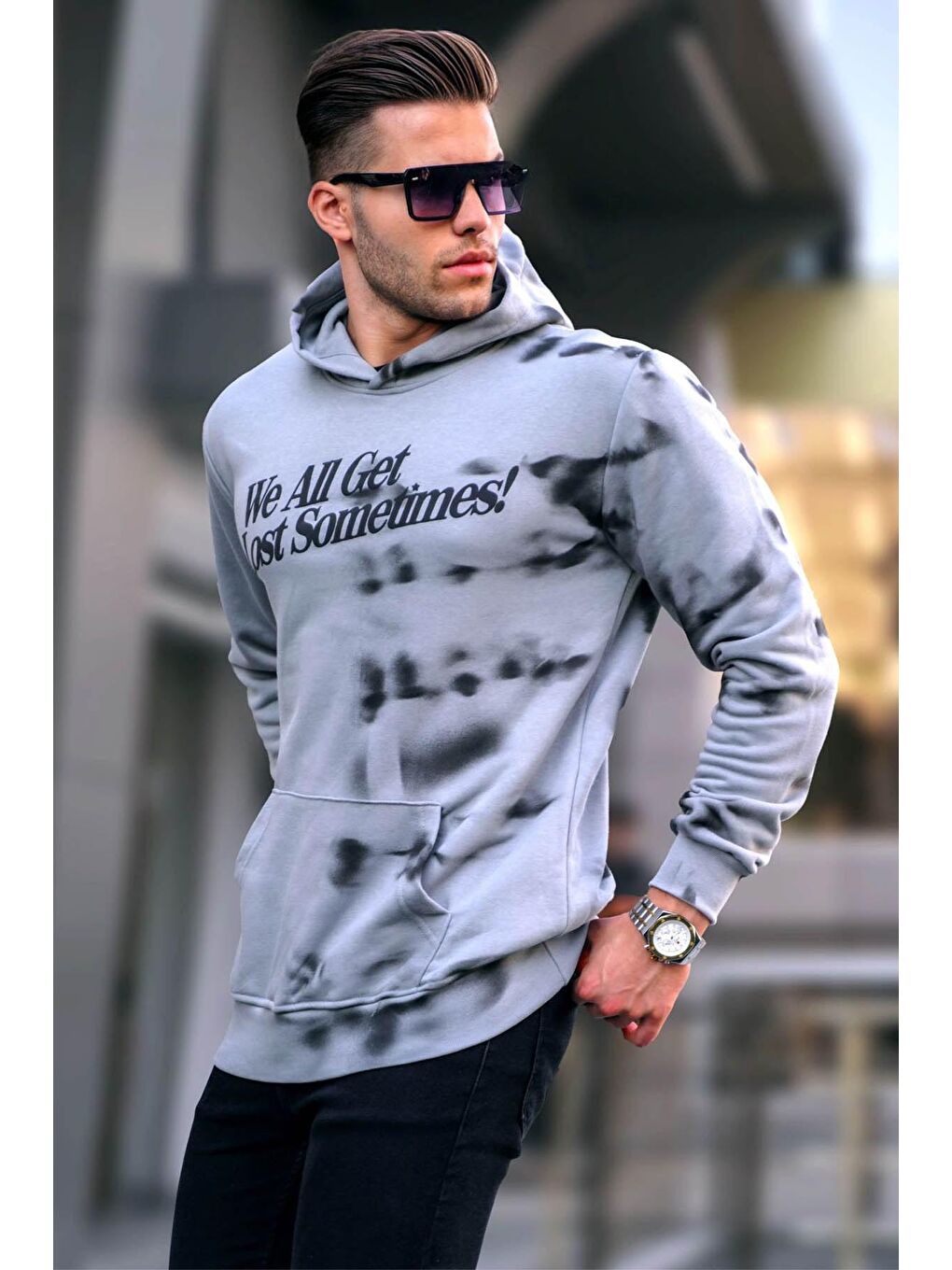 Madmext Boyalı Gri Baskılı Kapüşonlu Sweatshirt 5897