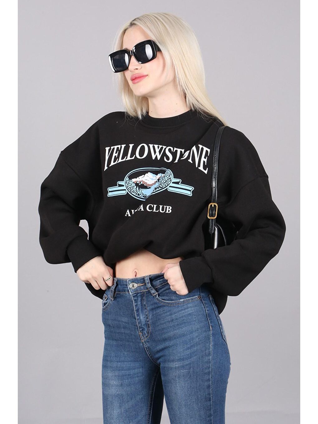 Siyah Bisiklet Yaka Baskılı Sweatshirt MG1571-3