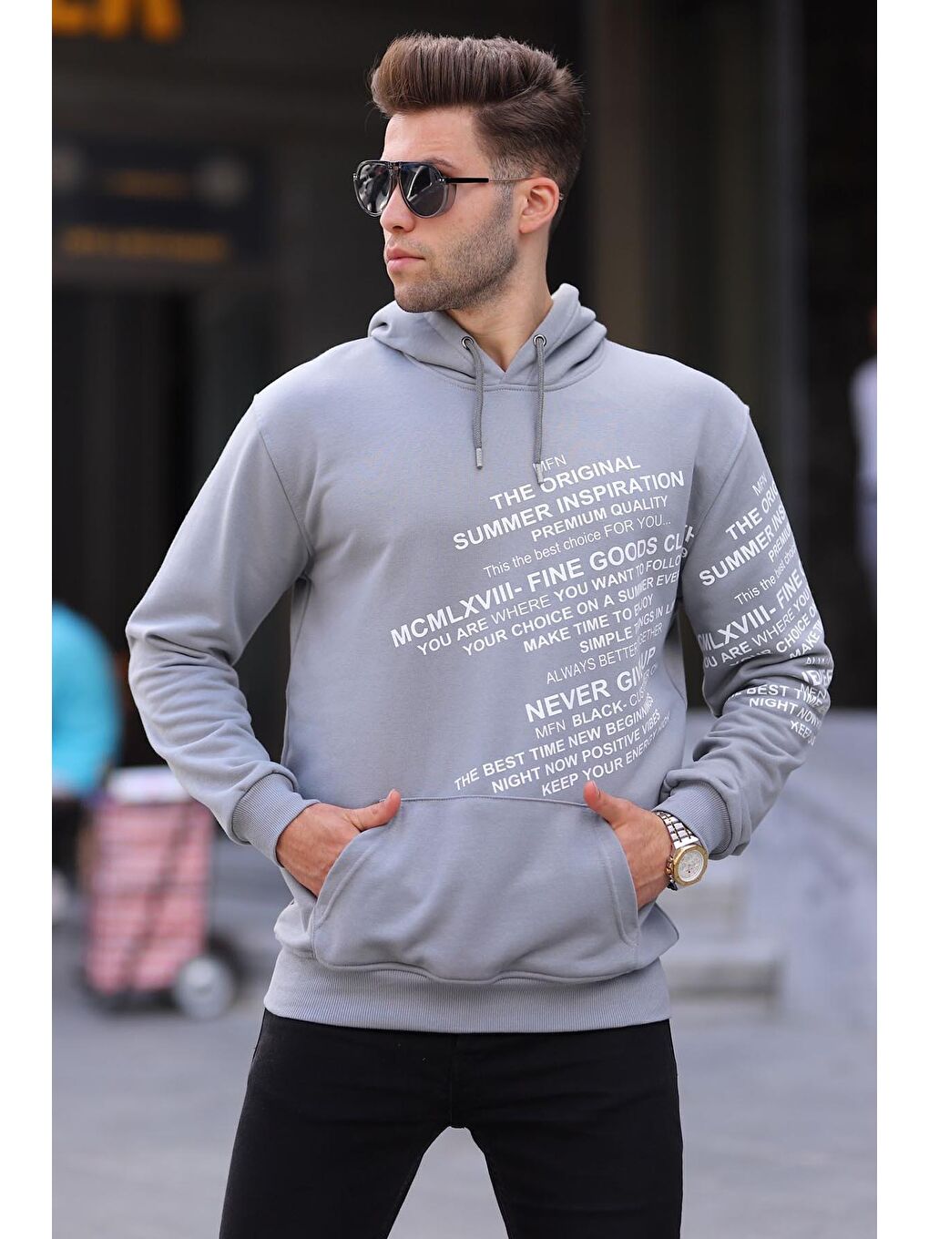 Madmext Gri Baskılı Boyalı Gri Baskılı Kapüşonlu Sweatshirt 6009