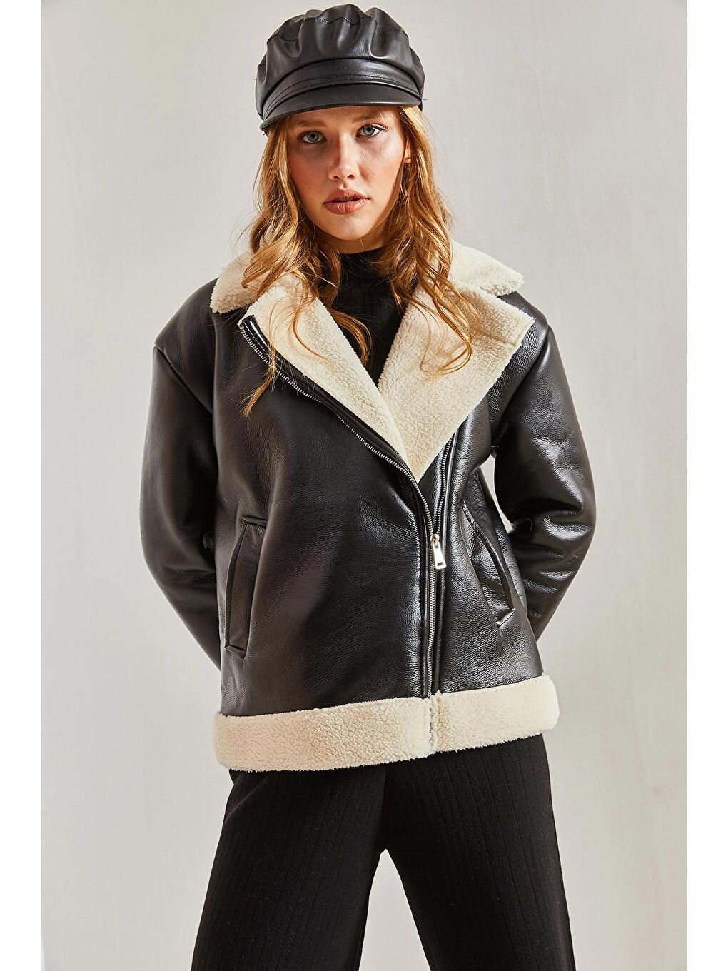 Siyah Kadın Kürklü Deri Mont-1