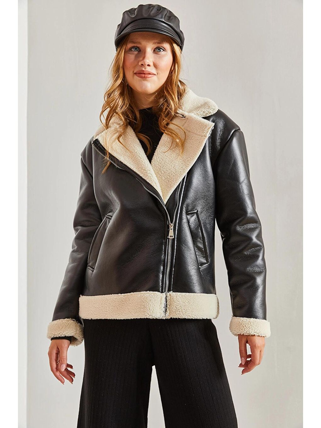 Siyah Kadın Kürklü Deri Mont-2