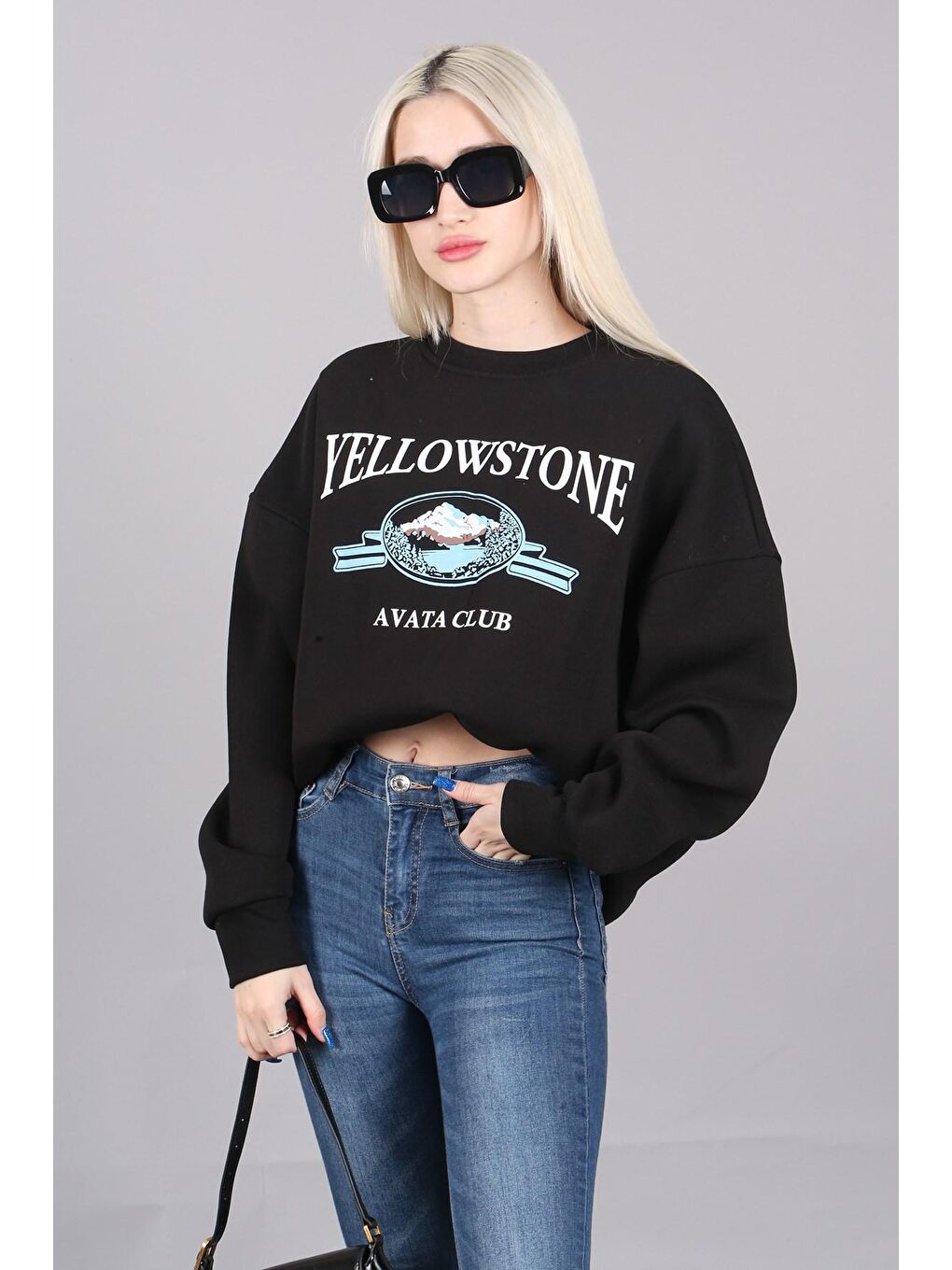 Siyah Bisiklet Yaka Baskılı Sweatshirt MG1571-4