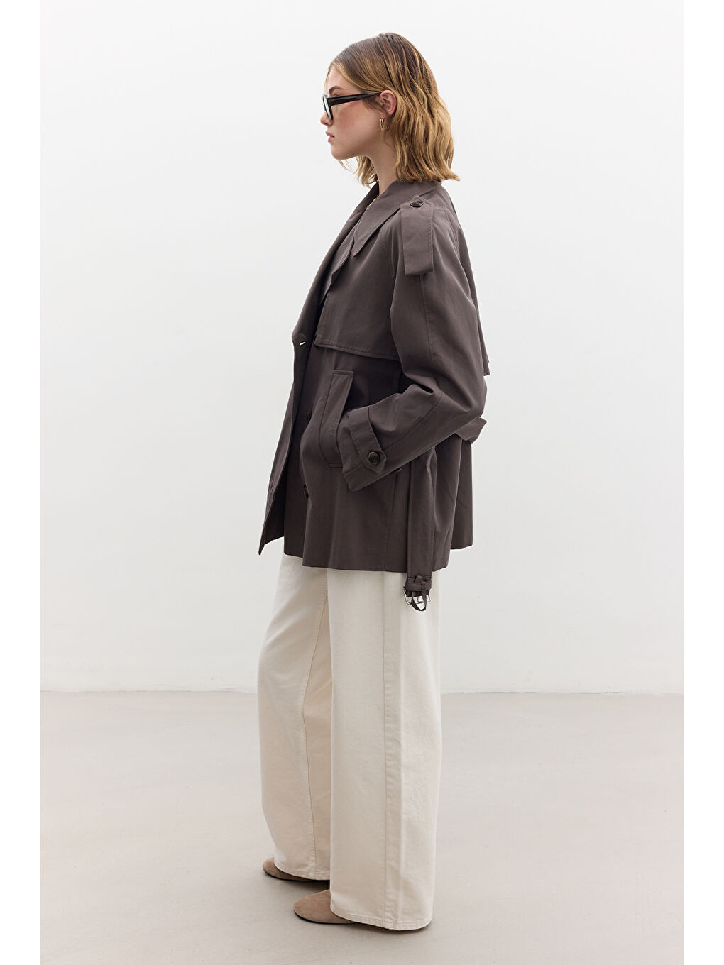 Bej Kruvaze Kesim Kısa Trençkot Vizon-6