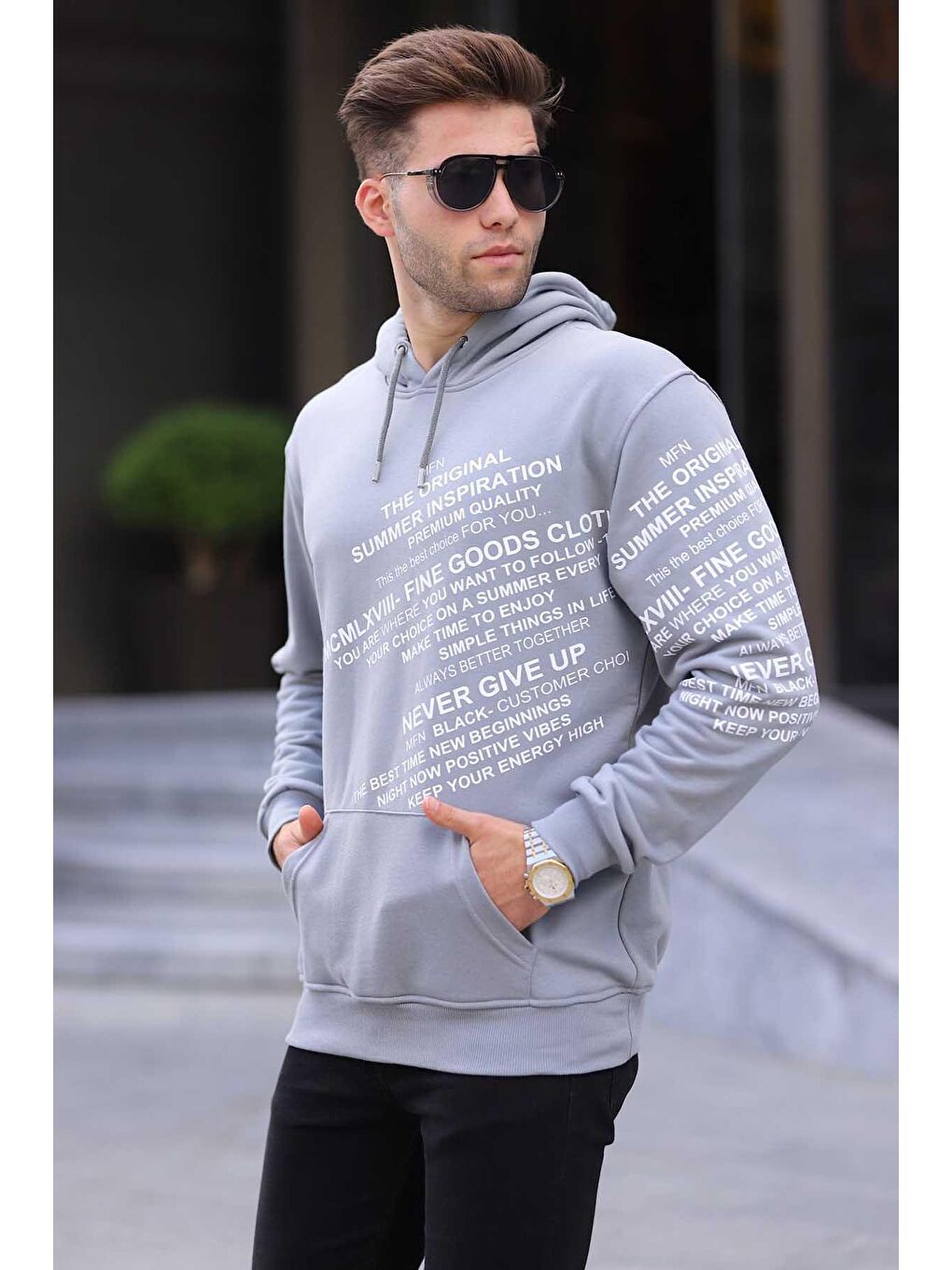 Madmext Gri Baskılı Boyalı Gri Baskılı Kapüşonlu Sweatshirt 6009 - 1