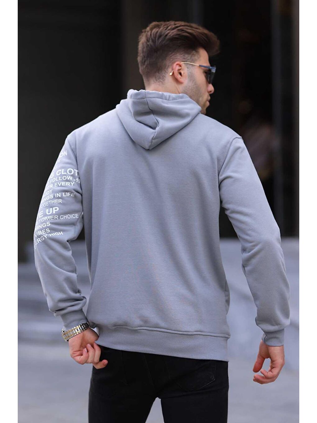 Madmext Gri Baskılı Boyalı Gri Baskılı Kapüşonlu Sweatshirt 6009 - 2