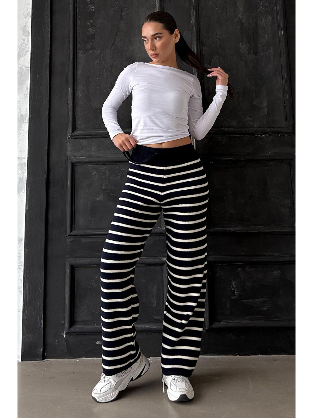 Lacivert Çizgili Kadın Triko Pantolon Mg2342-1