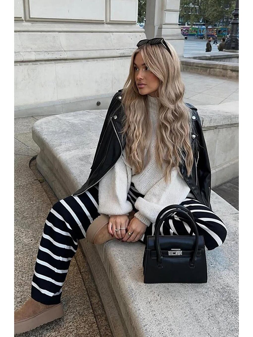 Lacivert Çizgili Kadın Triko Pantolon Mg2342-2