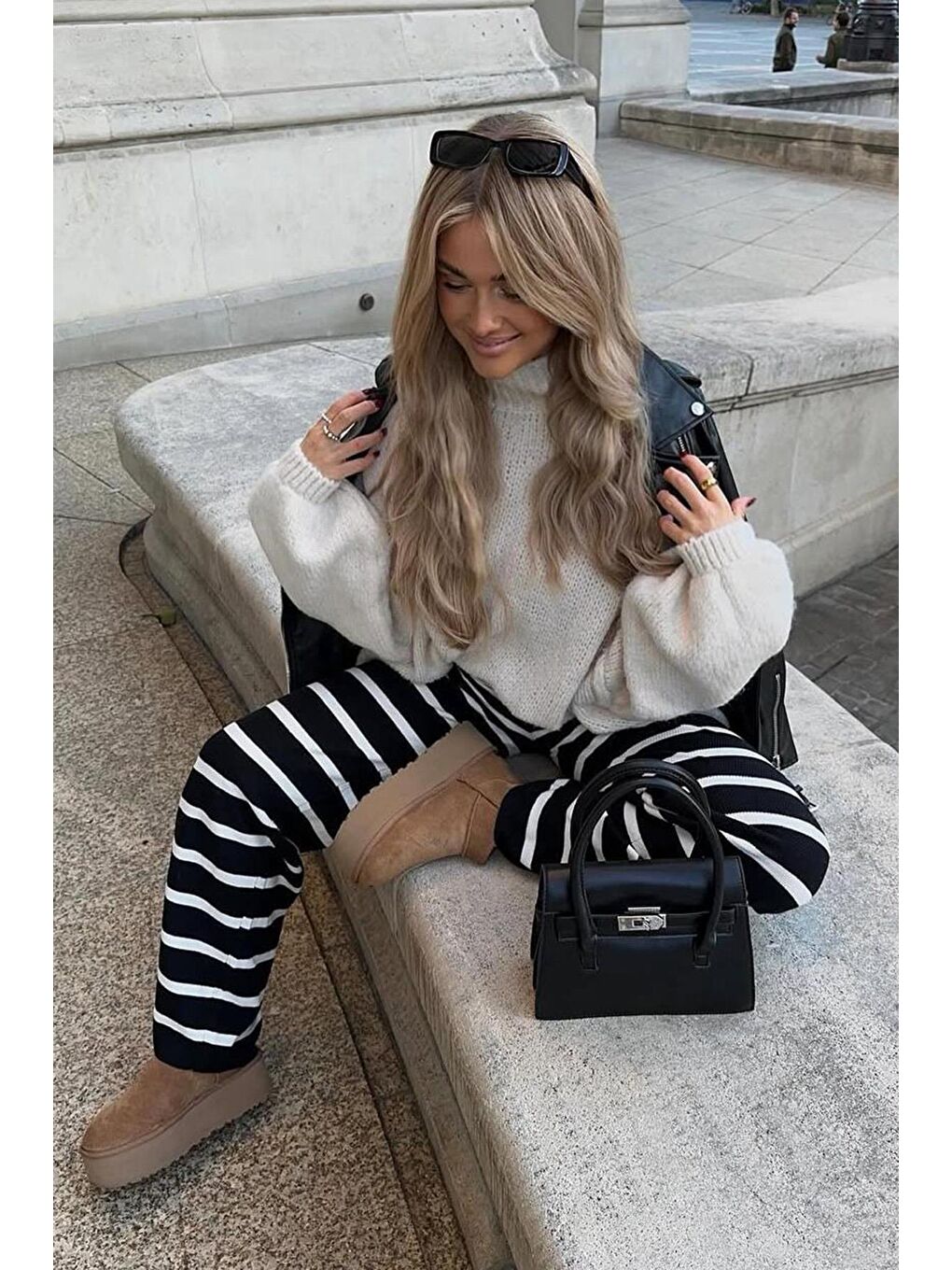 Lacivert Çizgili Kadın Triko Pantolon Mg2342-3