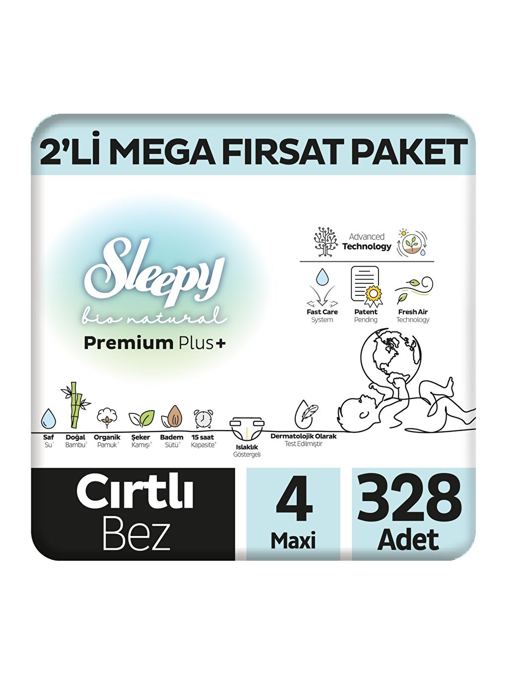 Bio Natural Premium Plus 2'li Mega Fırsat Paketi Bebek Bezi 4 Numara Maxi 328 Adet