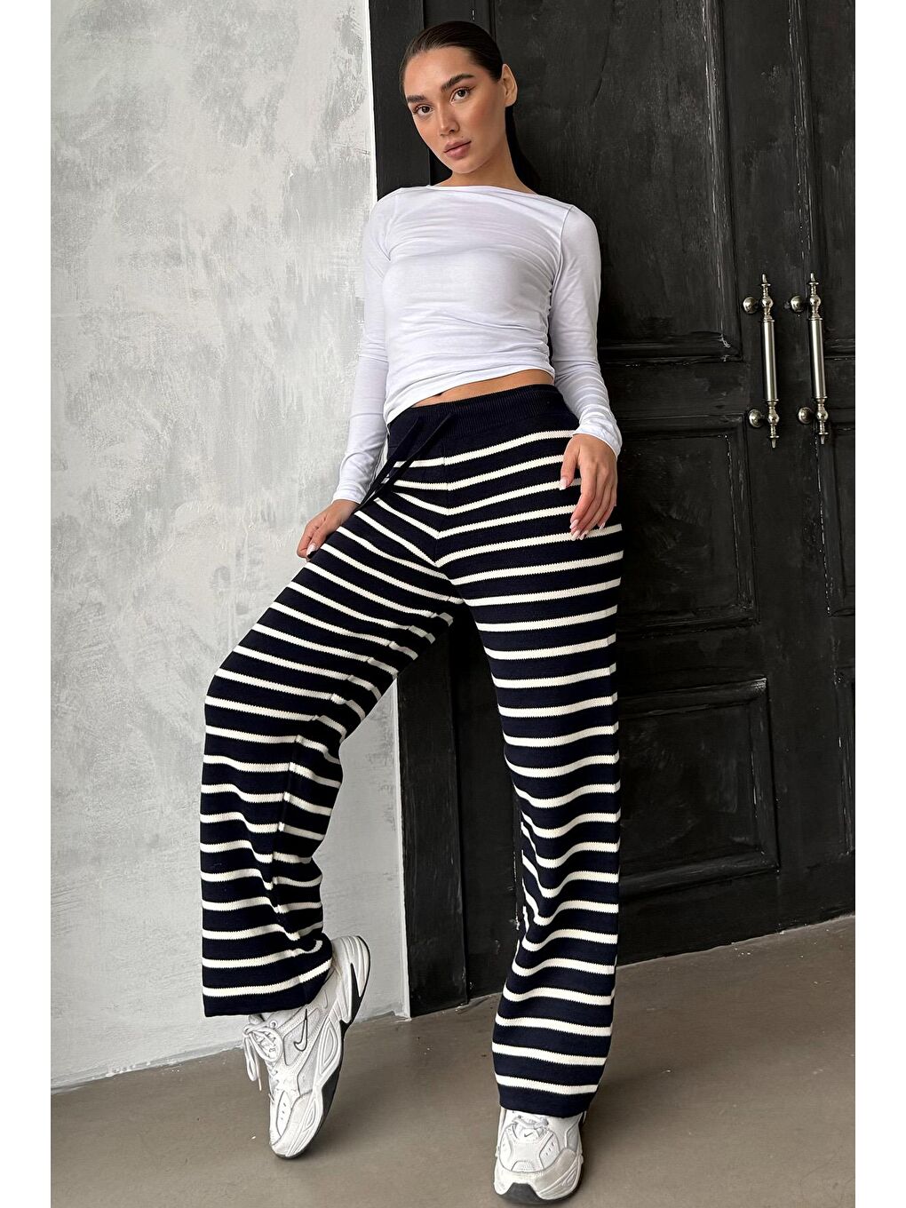 Lacivert Çizgili Kadın Triko Pantolon Mg2342-4