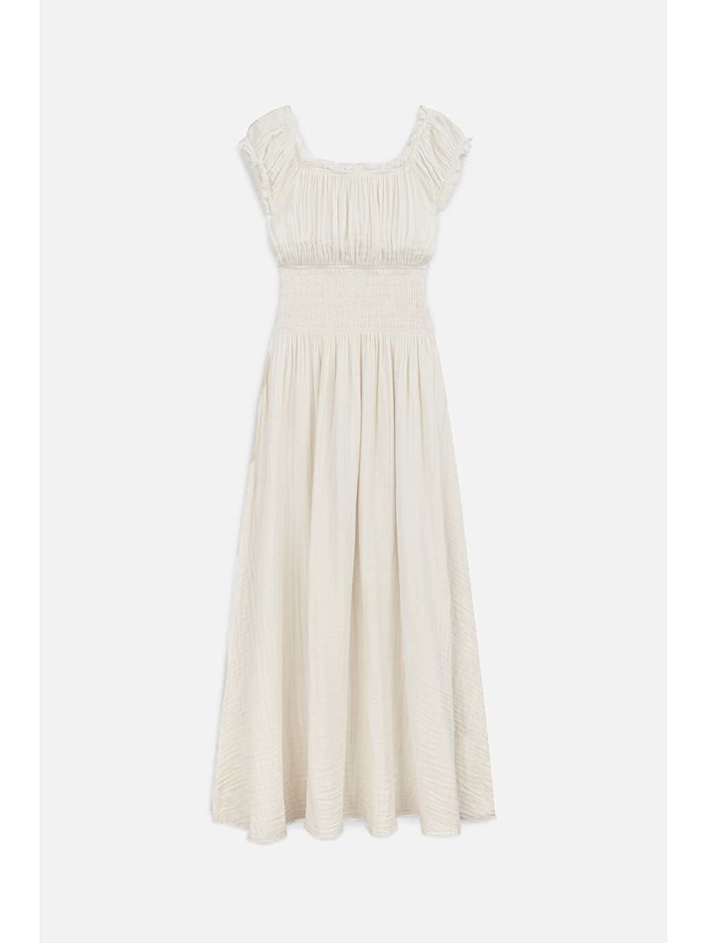 Müslin Büzgülü Elbise Bej-1