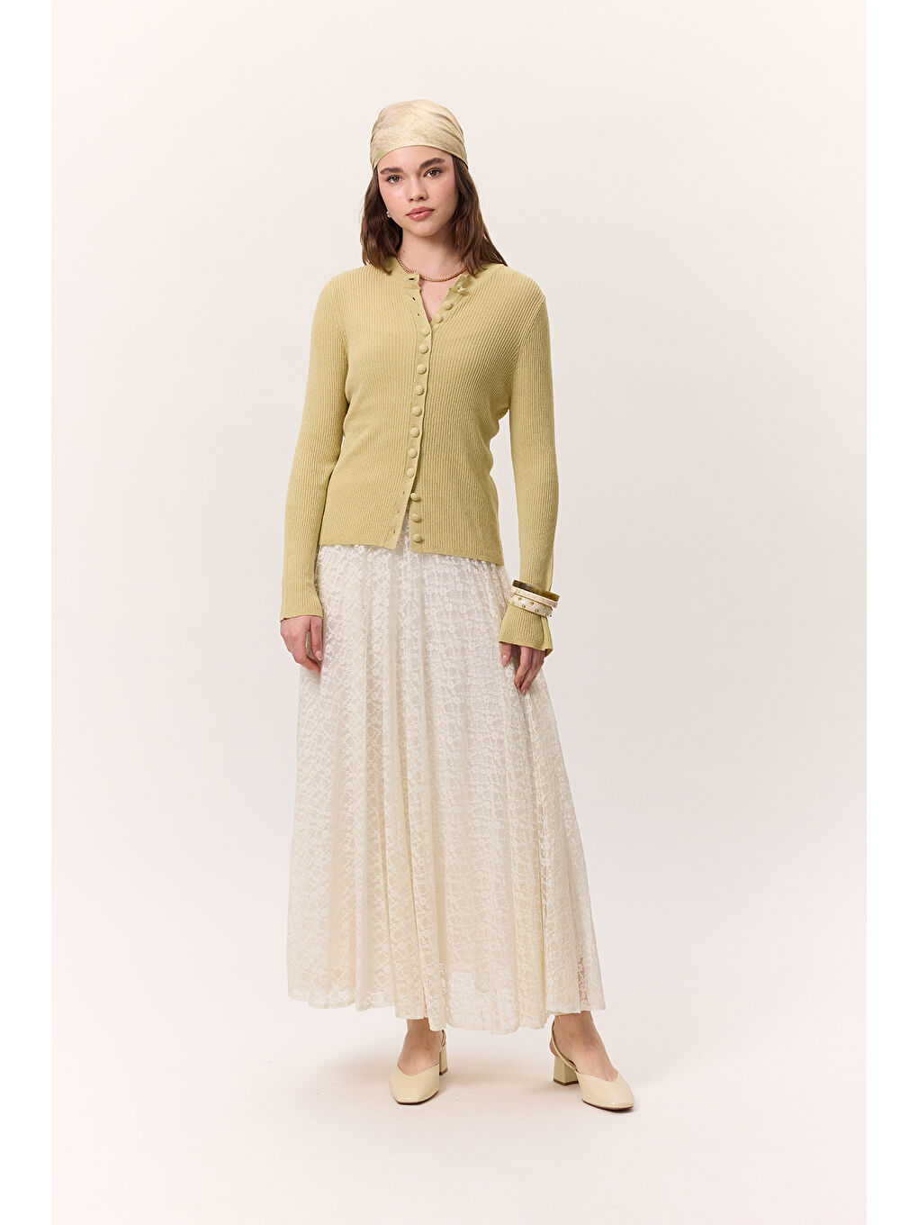 Dantel Piliseli Etek Ekru-3