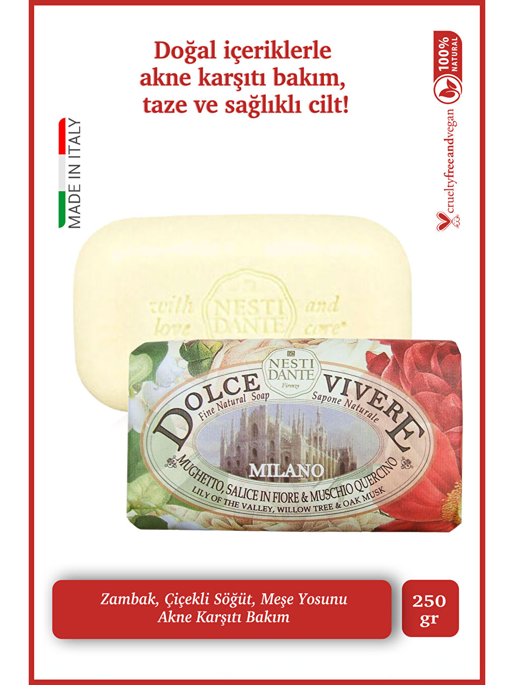 Nesti Dante Dolce Vivere Millano Katı Sabun 250 gr | Akne Karşıtı Bakım | Söğüt Ağacı, Meşe Ağacı