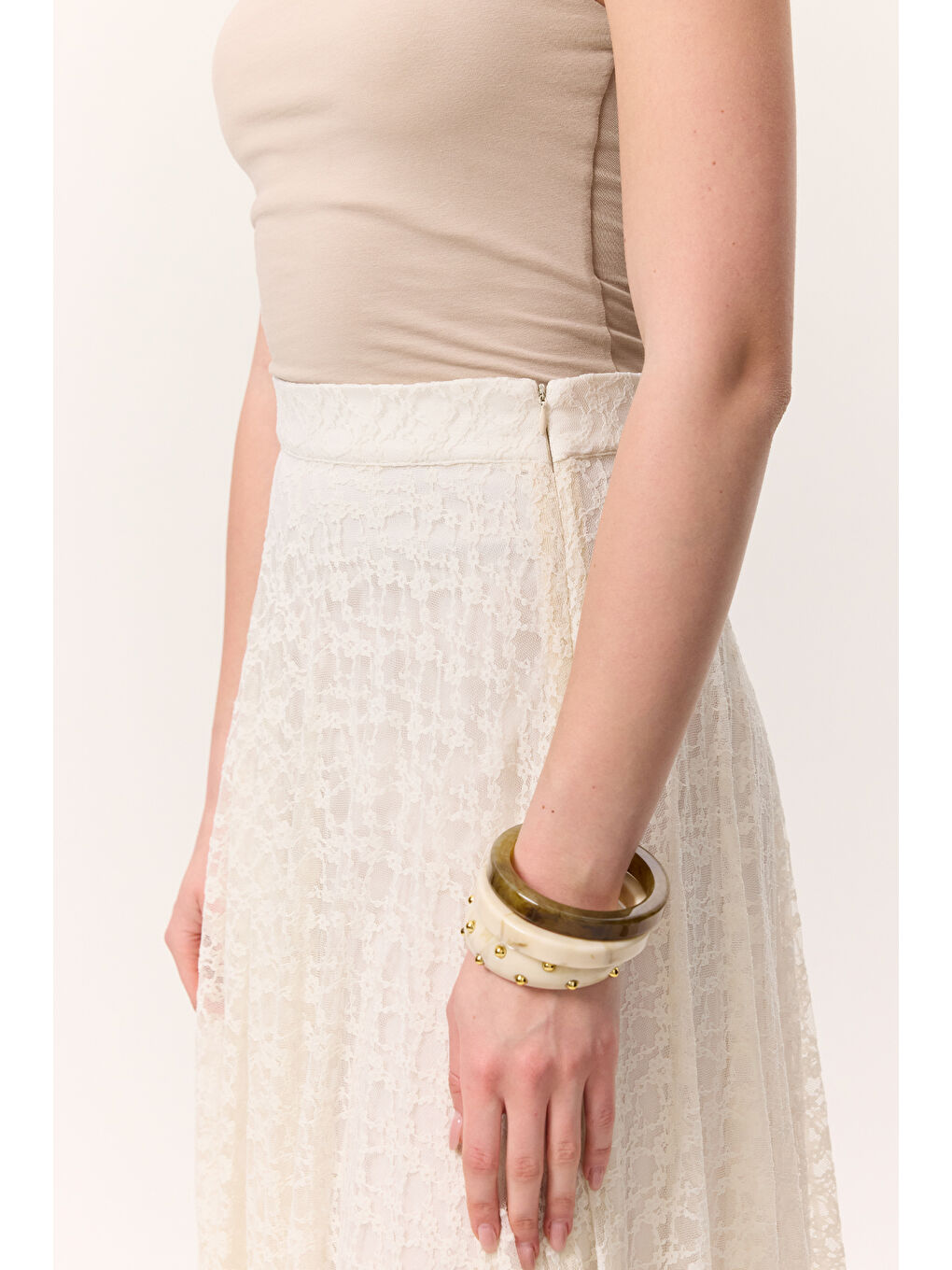 Dantel Piliseli Etek Ekru-6