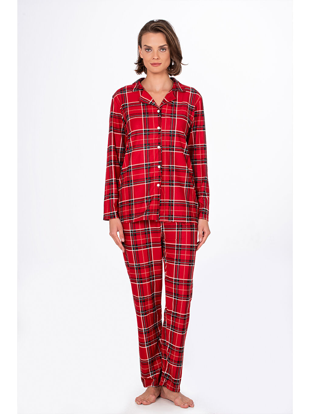 Beyaz Kadın Süet Önden Düğmeli Pijama Takımı | Ekose Kırmızı