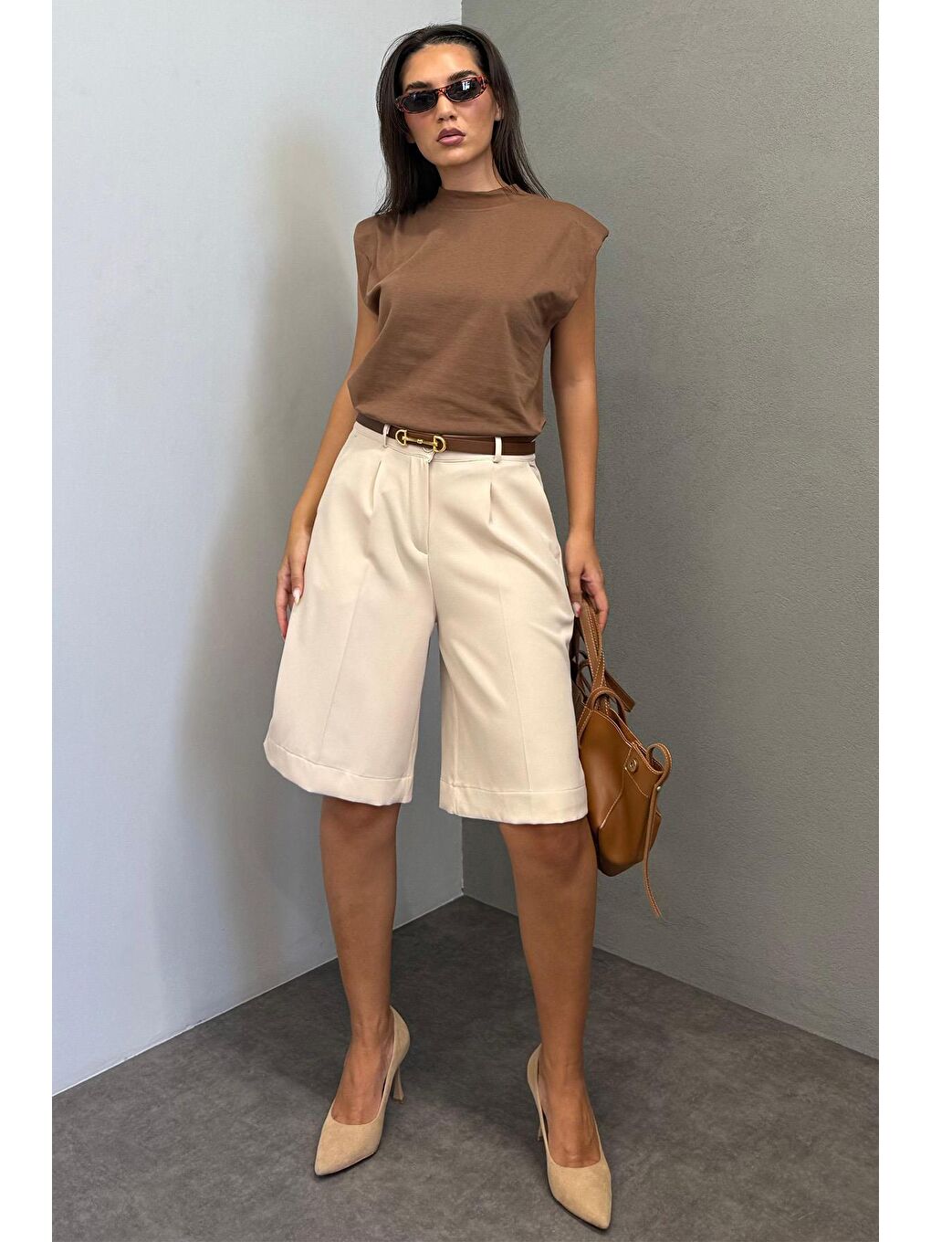 Bej Pileli Kadın Bermuda Şort Mg2483-1