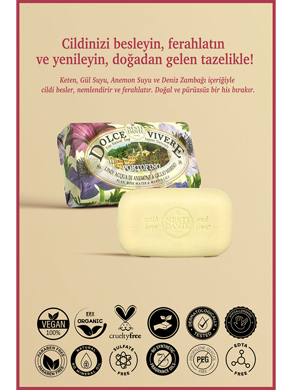 Dolce Vivere Portofino Katı Sabun 250 gr | Nemlendirici ve Yumuşatıcı | Zambak, Gül Suyu-1