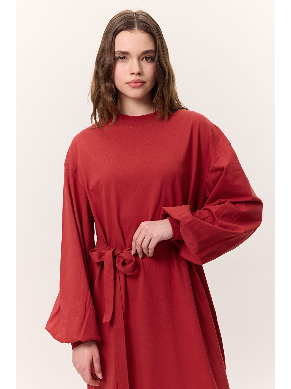 Balon Kollu Uzun Rahat Elbise Kırmızı-1