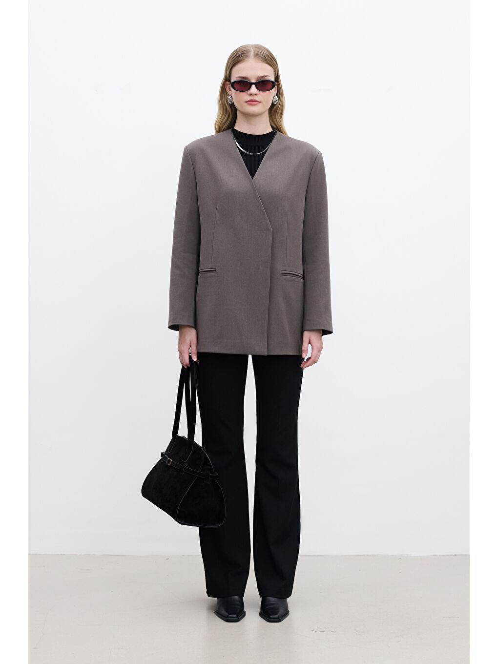 Bej Klasik Görünüm Kemerli Blazer Ceket Vizon-2