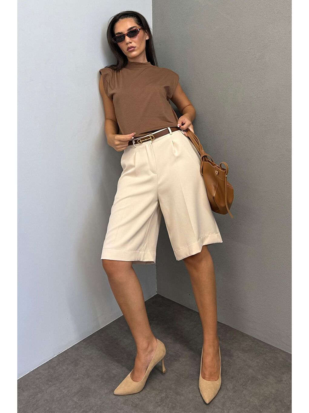 Bej Pileli Kadın Bermuda Şort Mg2483-2