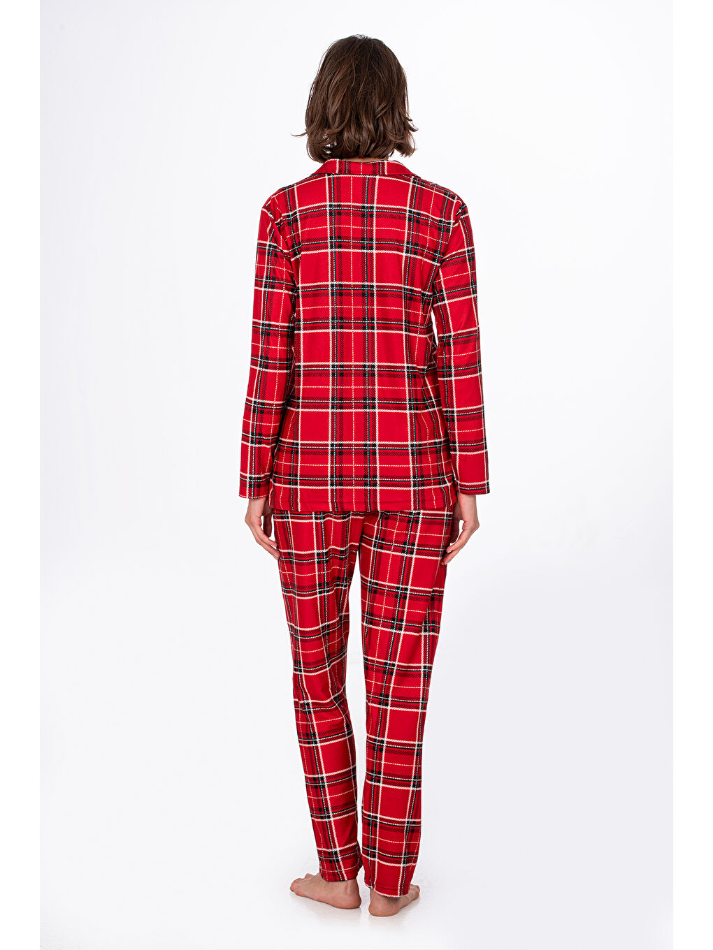 Beyaz Kadın Süet Önden Düğmeli Pijama Takımı | Ekose Kırmızı-1