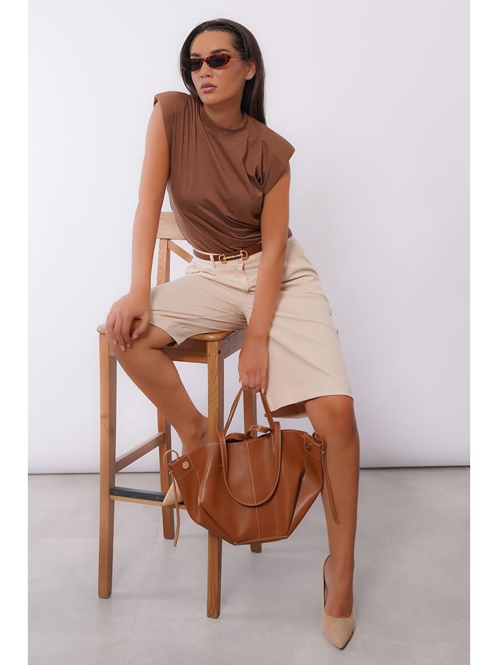 Bej Pileli Kadın Bermuda Şort Mg2483-3