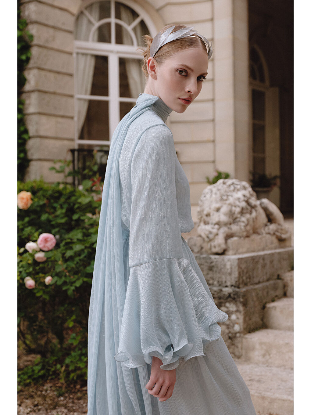 Geniş Kol Volanlı Elbise Mavi-1