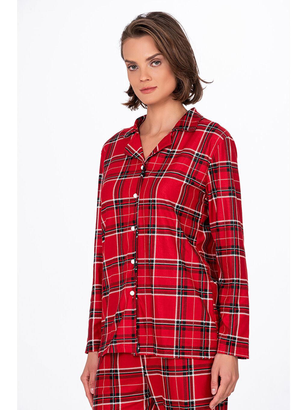 Beyaz Kadın Süet Önden Düğmeli Pijama Takımı | Ekose Kırmızı-2