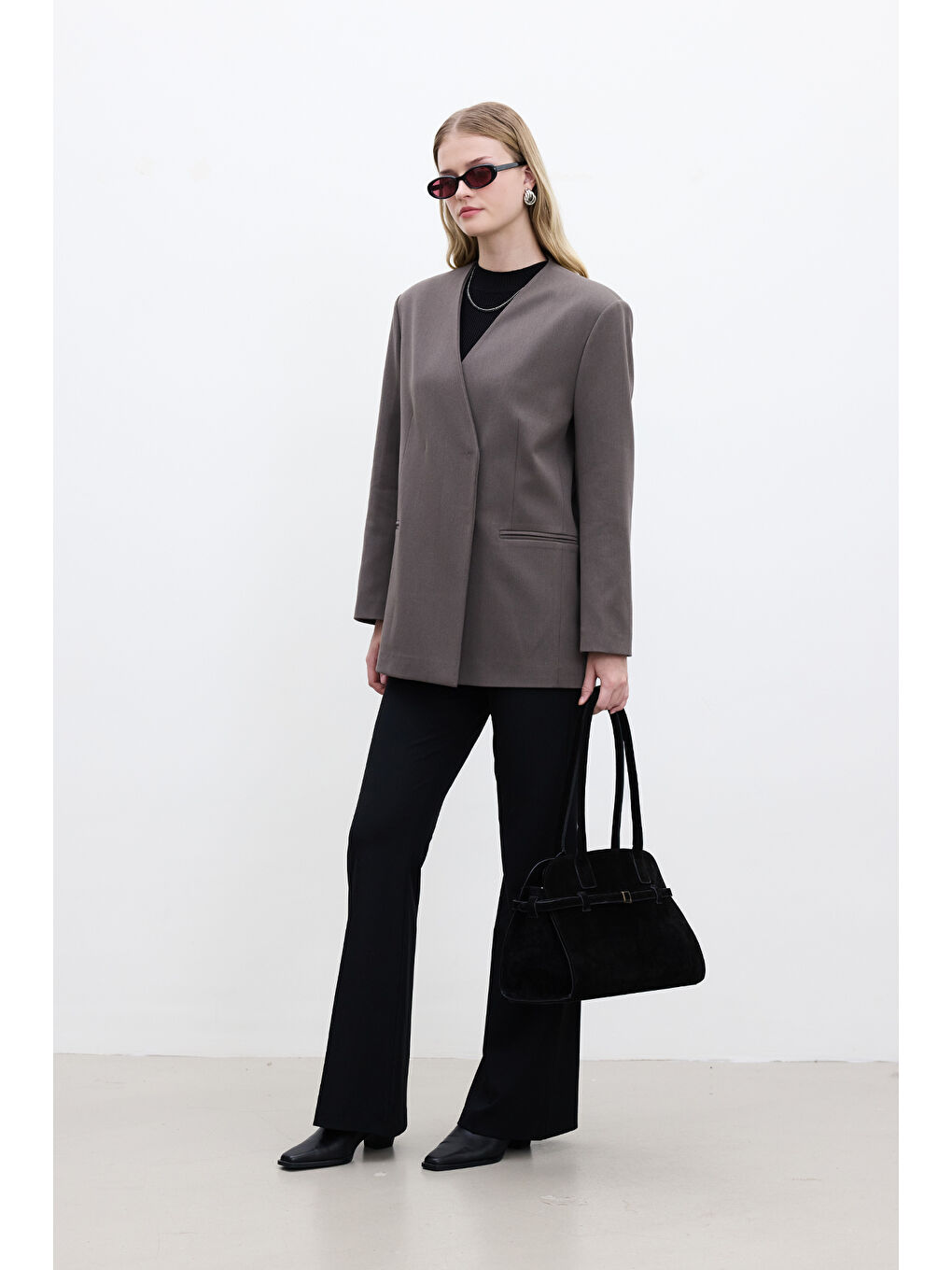 Bej Klasik Görünüm Kemerli Blazer Ceket Vizon-3