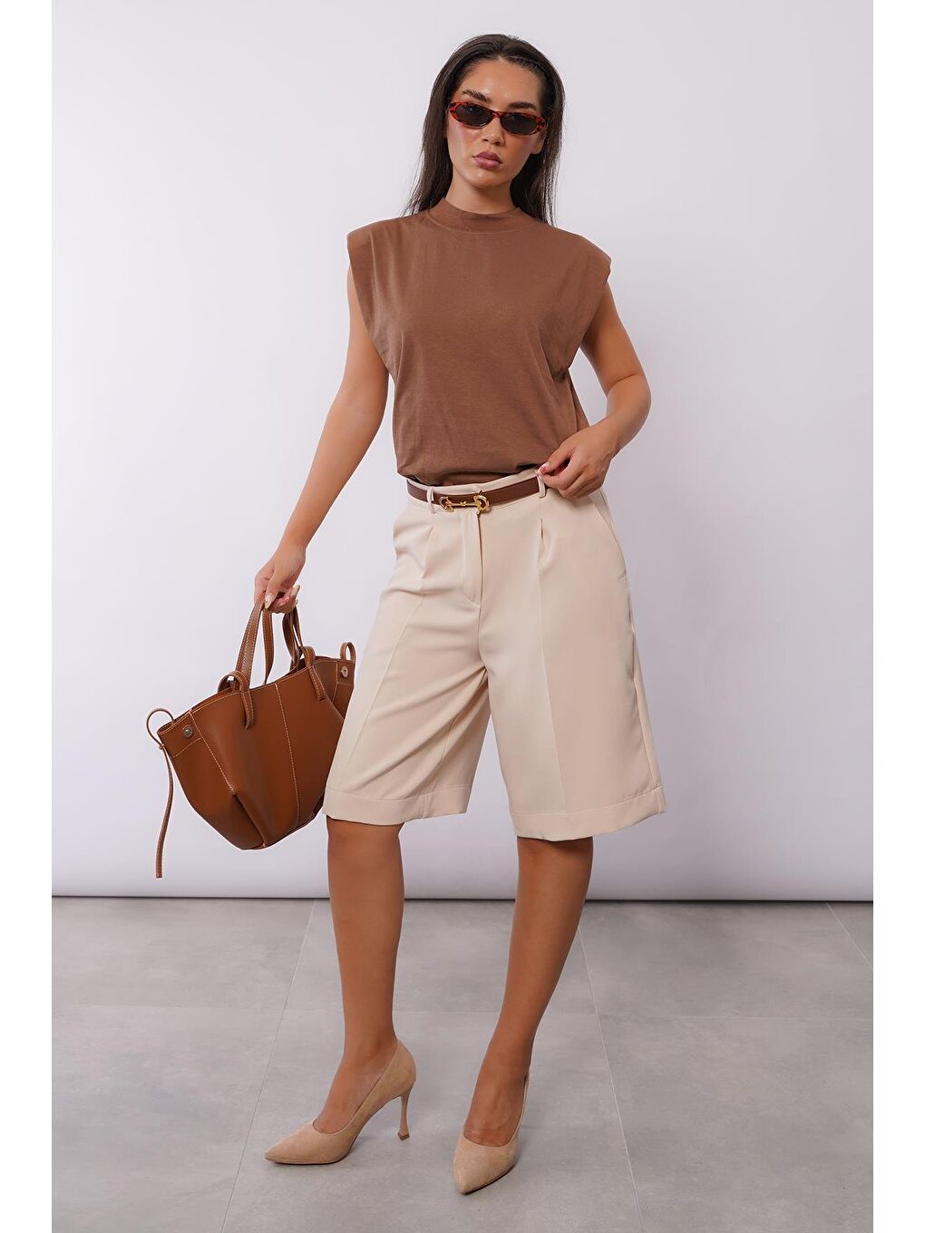 Bej Pileli Kadın Bermuda Şort Mg2483-4