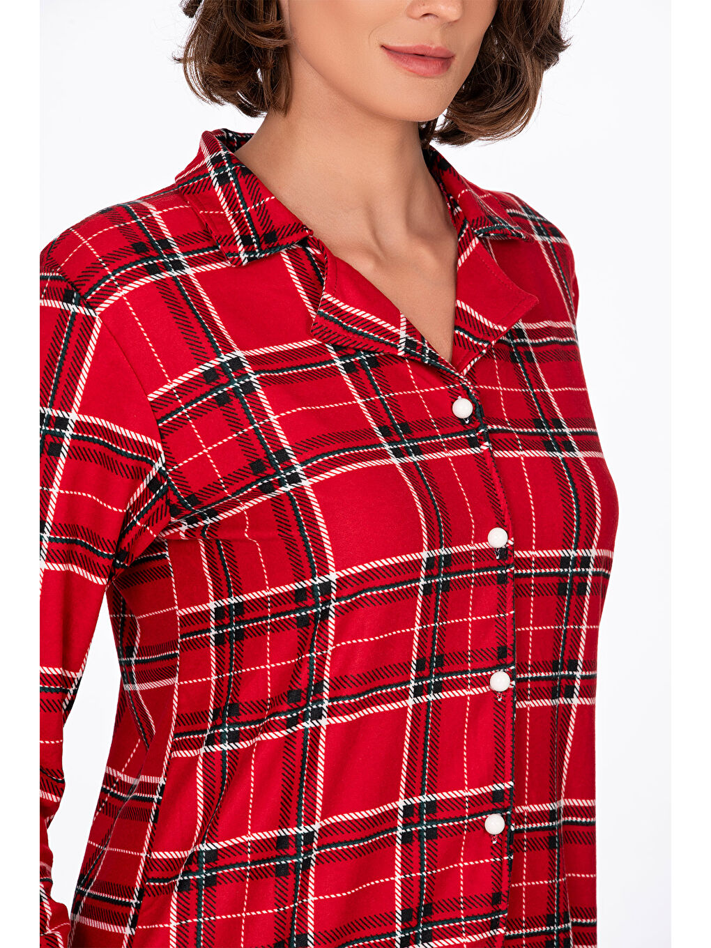 Beyaz Kadın Süet Önden Düğmeli Pijama Takımı | Ekose Kırmızı-3