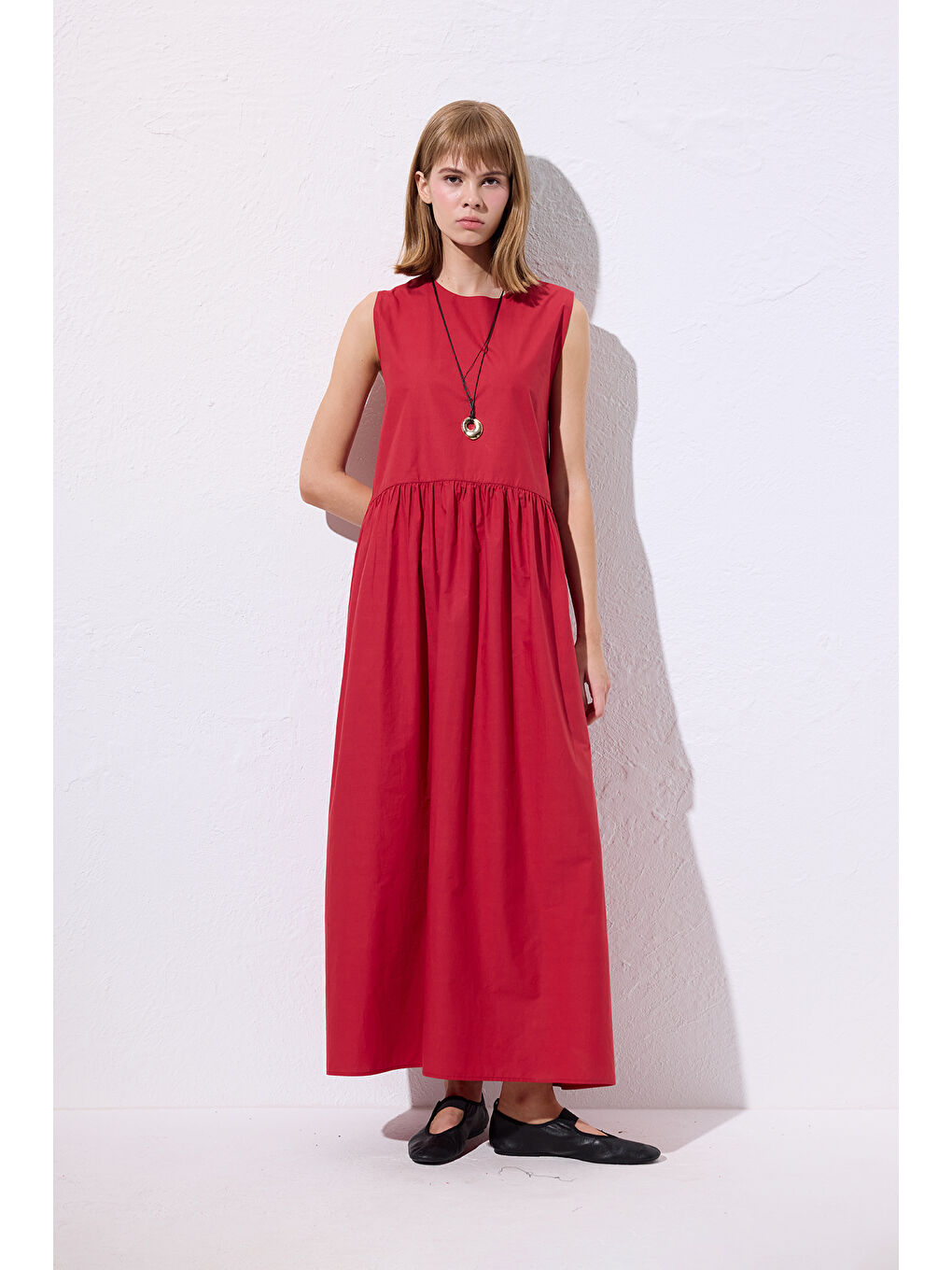 Kemer Ayarlamalı Poplın Elbise Kırmızı-3