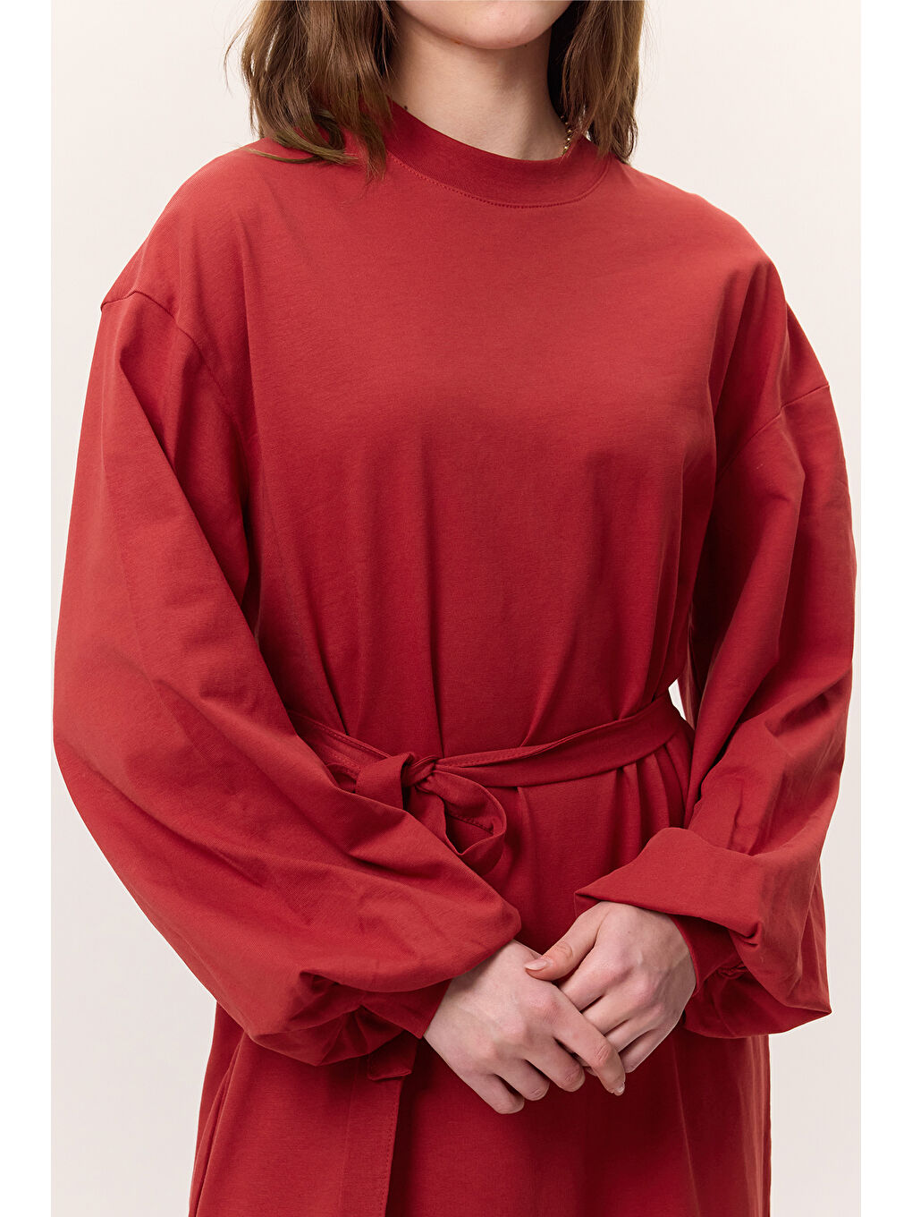 Balon Kollu Uzun Rahat Elbise Kırmızı-2