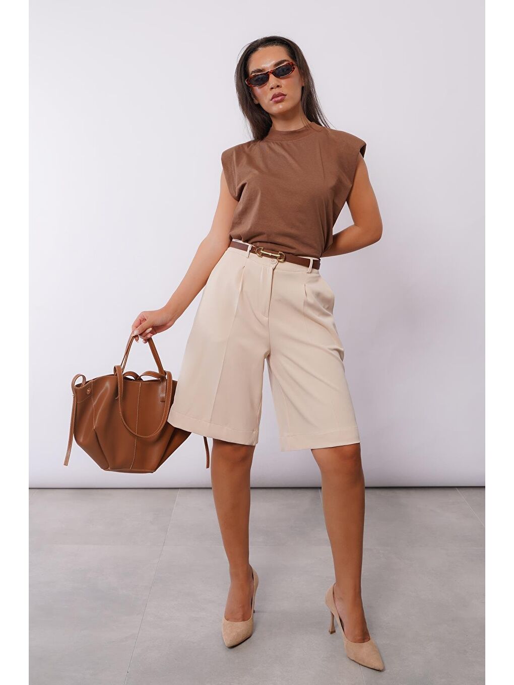 Bej Pileli Kadın Bermuda Şort Mg2483-5
