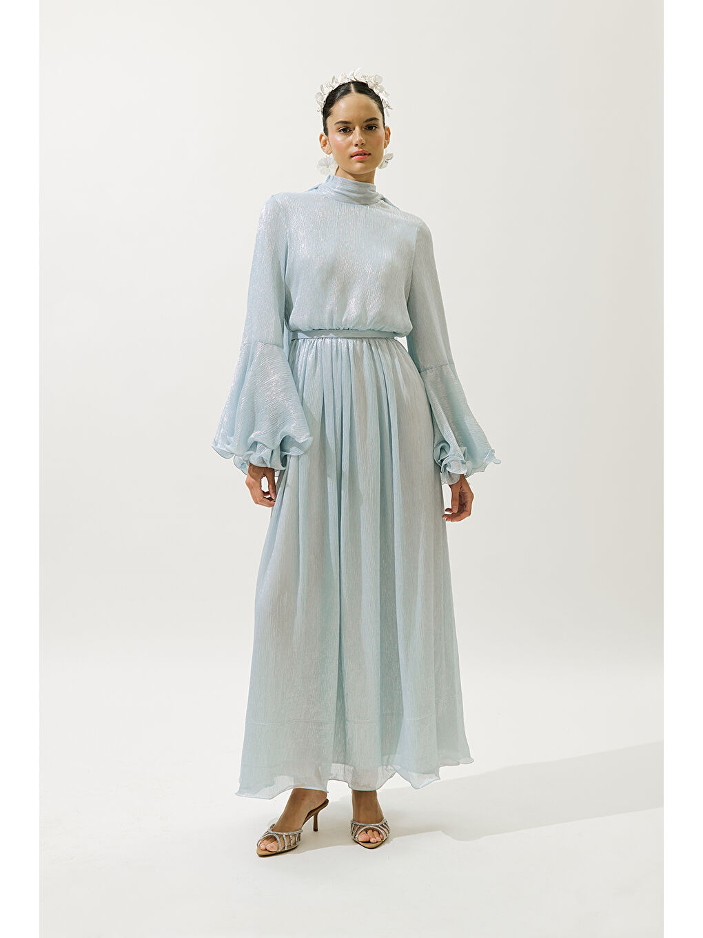 Geniş Kol Volanlı Elbise Mavi-2