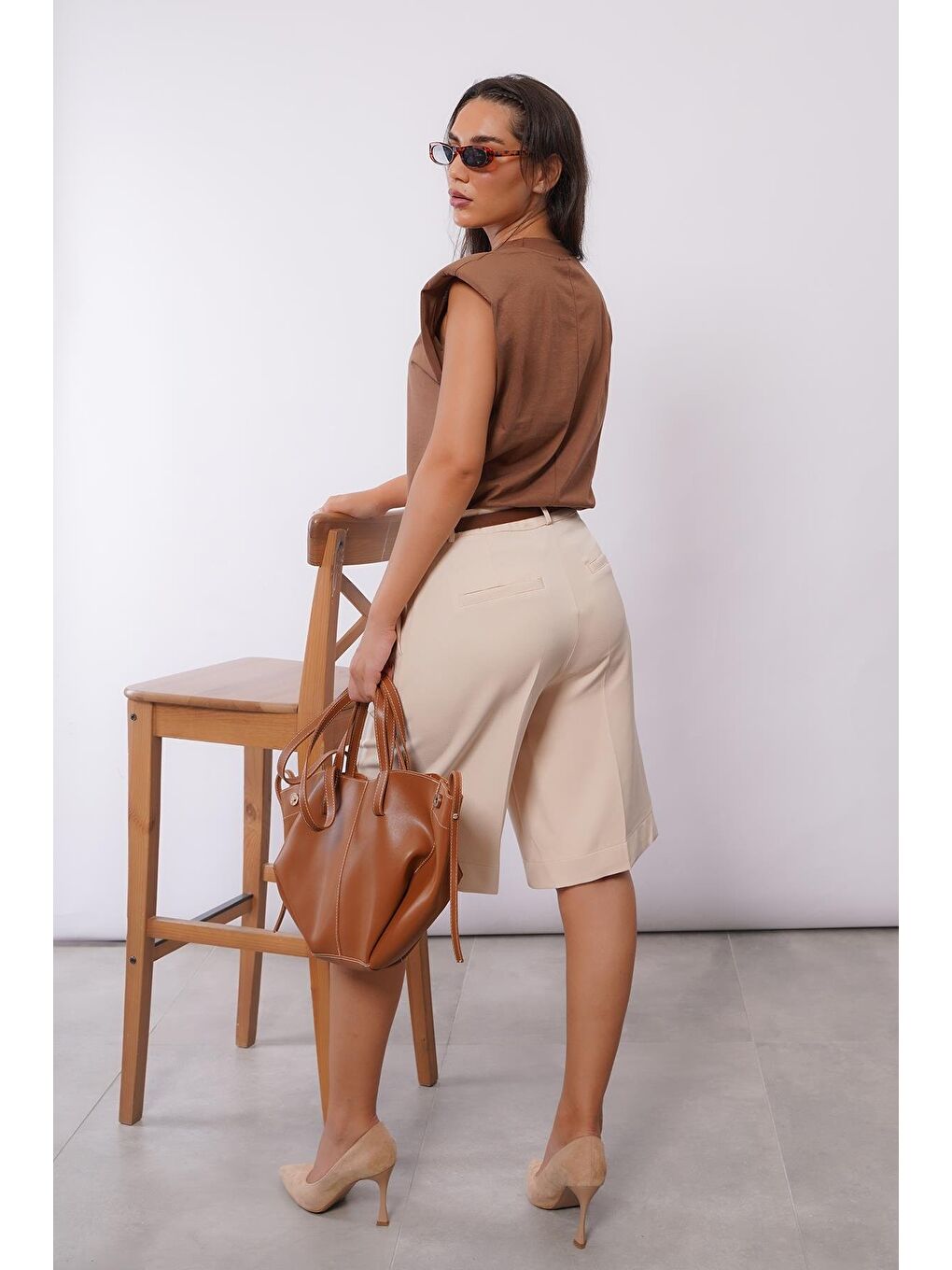 Bej Pileli Kadın Bermuda Şort Mg2483-6