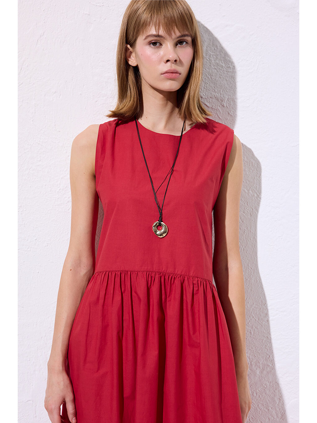 Kemer Ayarlamalı Poplın Elbise Kırmızı-4