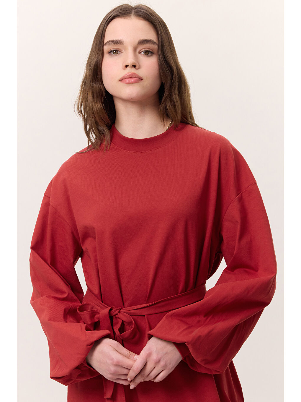 Balon Kollu Uzun Rahat Elbise Kırmızı-3