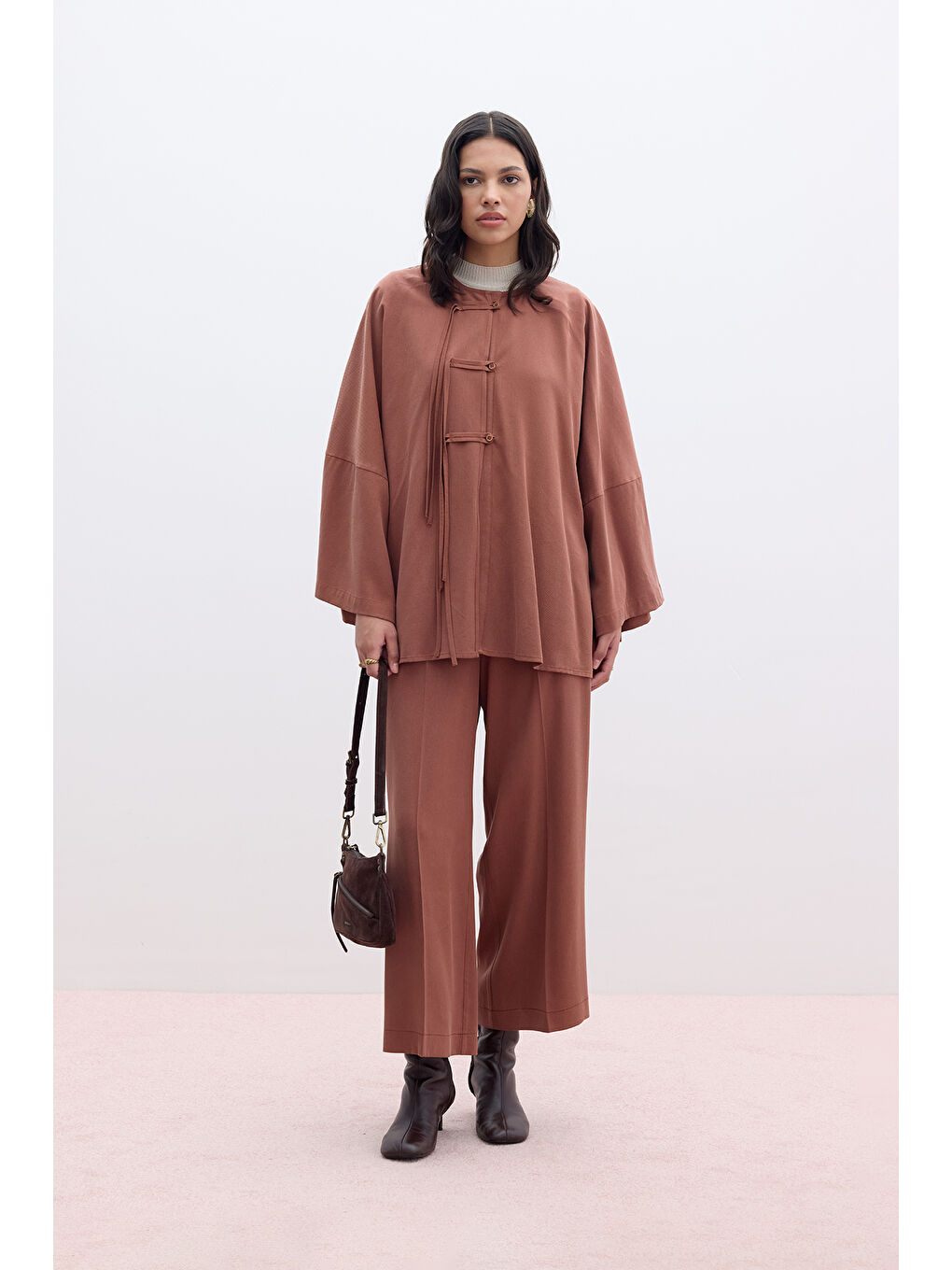 Turuncu Lyocell Bağlama Detaylı Gömlek Bakır-1