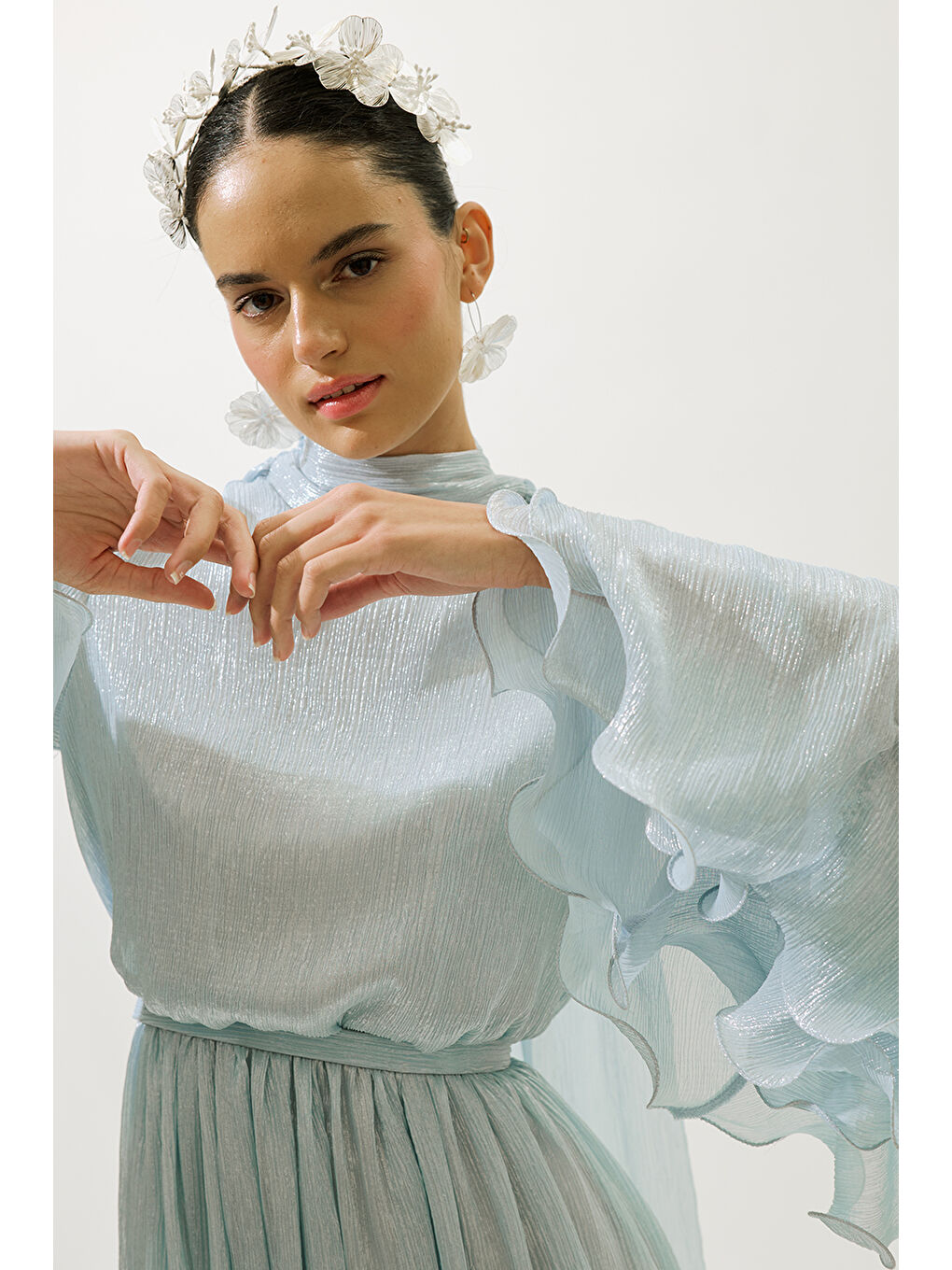 Geniş Kol Volanlı Elbise Mavi-3